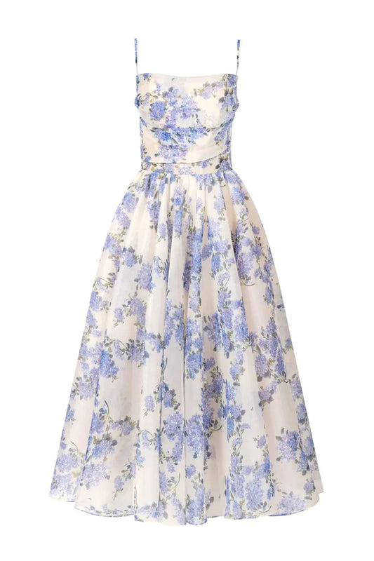 Spaghetti Strap Midi Dress Sweet Knee Lenght Vestidos De Noche Blue Printing Short Lenght Prom Dresses