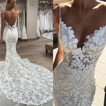Boho Lace Appliques Wedding Dress Mermaid Bridal Dresses Spaghetti Straps Backless Beach Bridal Gowns Vestido De Noiva White