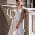 Wedding Dress Short Sleeves Lace Appliques Mermaid Bridal Dress With Detachable Train Over skirt Lace Wedding Gowns