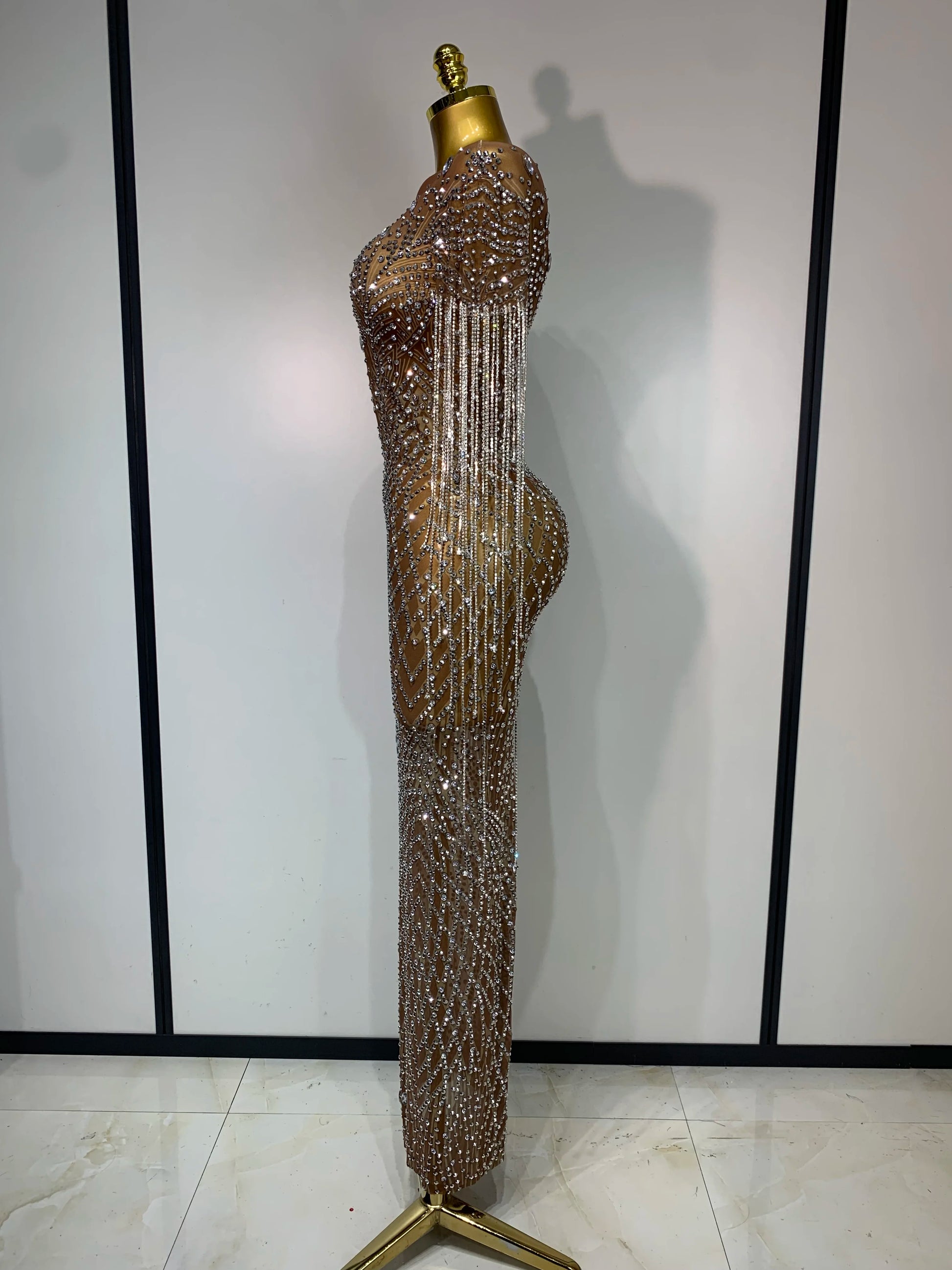 Luxury Sparkly Rhinestones Tassel Transparent Mesh Stretch Long Dress Women Evening Celebrate Birthday Dress Sexy Stage Costumes