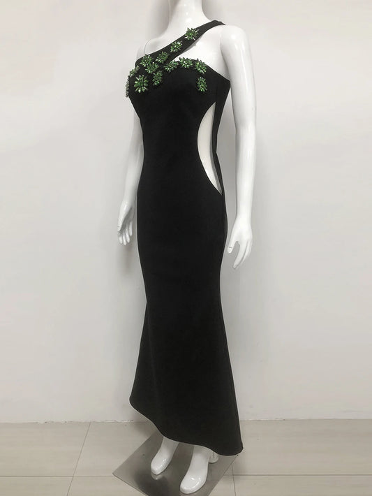 Shining Diamond Women Long Dresses Fashion One Shoulder Sleeveless Bandage Vestidos Female Bodycon Evening Cocktail Party Gowns