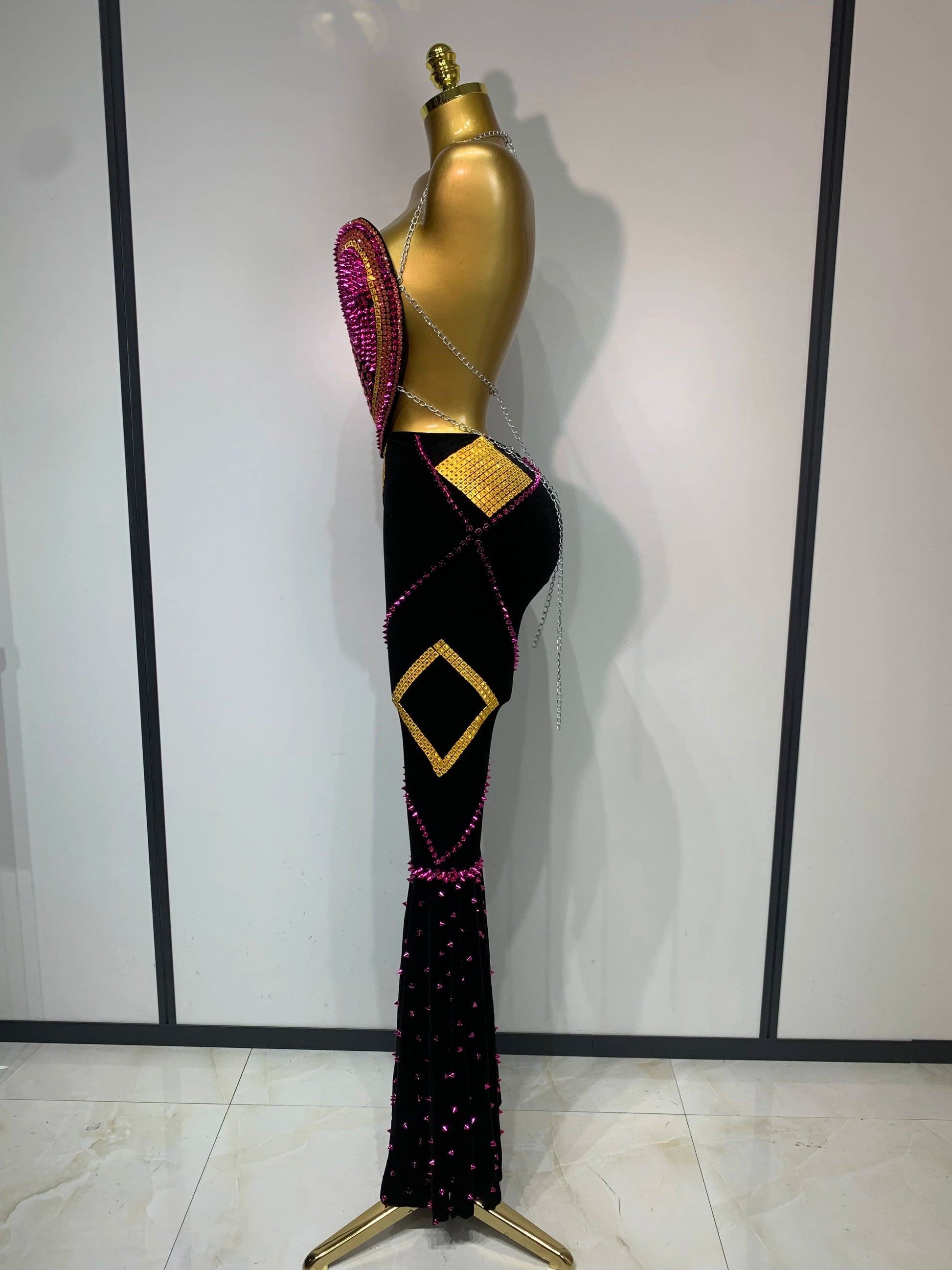 Women Sexy Backless Diamond Rivets Top Two Pieces Set Birthday Celebrate Evening Party Nightclub DJ Stage Performance Costume