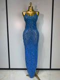 Women Sexy Sleeveless Rhinestone Bodycon Maxi Long Dress Evening Party Birthday Costume Bar Nightclub Stage Performance Clothing Blue