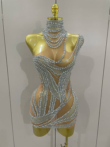 Luxury Sparkly Crystals See Through Mini Dress Women Celebrate Birthday Party Gowns Singer Performance Stretch Stage Costume Silver