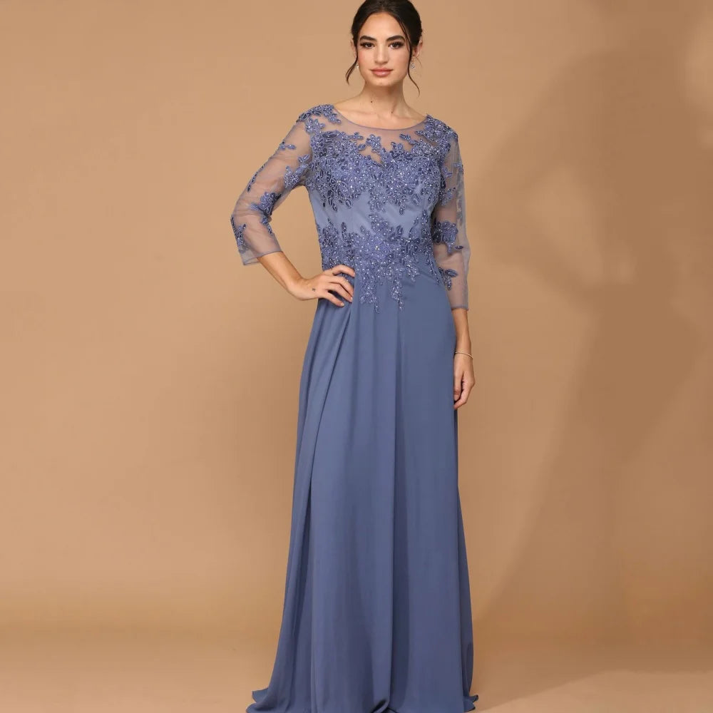 Customized A Line Chiffon Mother of Dresses Elegant Appliques Formal Evening Gowns Long Sleeve Bridal vestido invitada boda