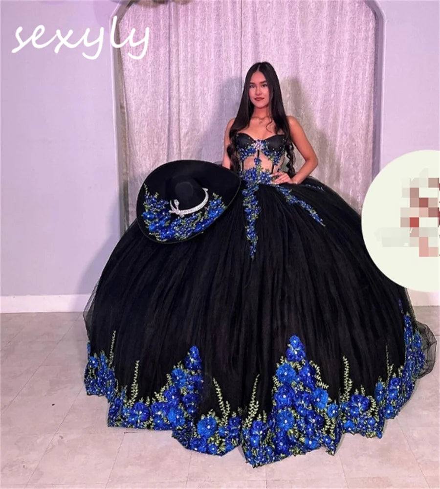 Luxury Black Mexican Vestidos De 15 Quinceañera Sweetheart Puffy Charro Fifteen Birthday Dress Vestidos De Xv Años Customized black
