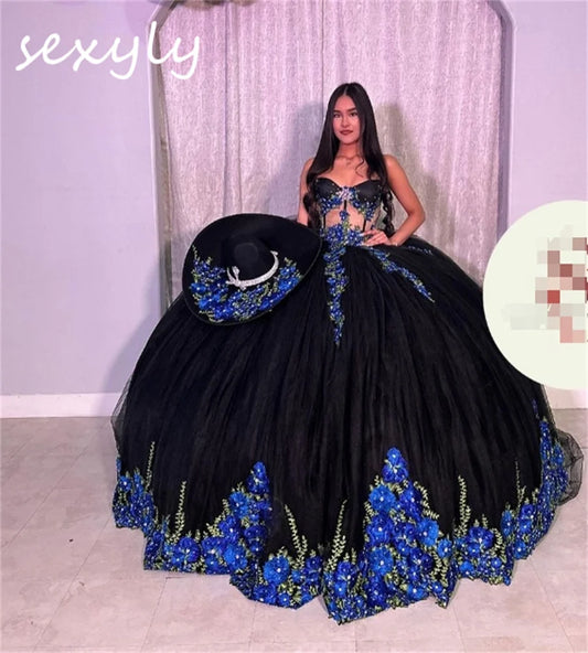 Luxury Black Mexican Vestidos De 15 Quinceañera Sweetheart Puffy Charro Fifteen Birthday Dress Vestidos De Xv Años Customized black