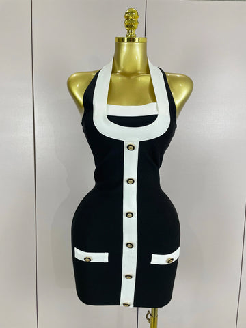 Sexy Backless Halter Button Bodycon Black Mini Bandage Dress Women Celebrity Elegant Evening Club Party Outfit black