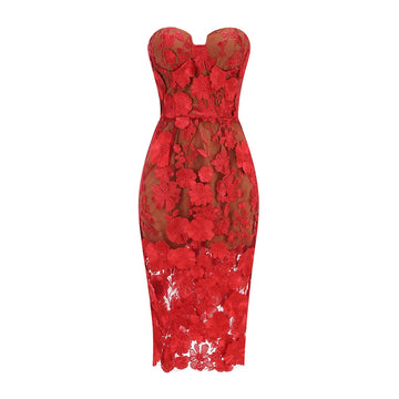 Red White Color Women Sexy Strapless Embroidery Bodycon Midi Dress Celebrate Nightclub Party Evening Birthday Dress Wholesale Red