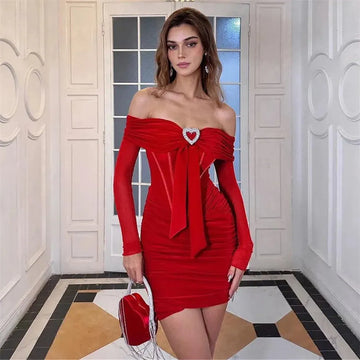 Fashion Red Mermaid Prom Dress Strapless Off The Shoulder Pleated Long Sleeve Above Knee Evening Dress robes de soirée Red