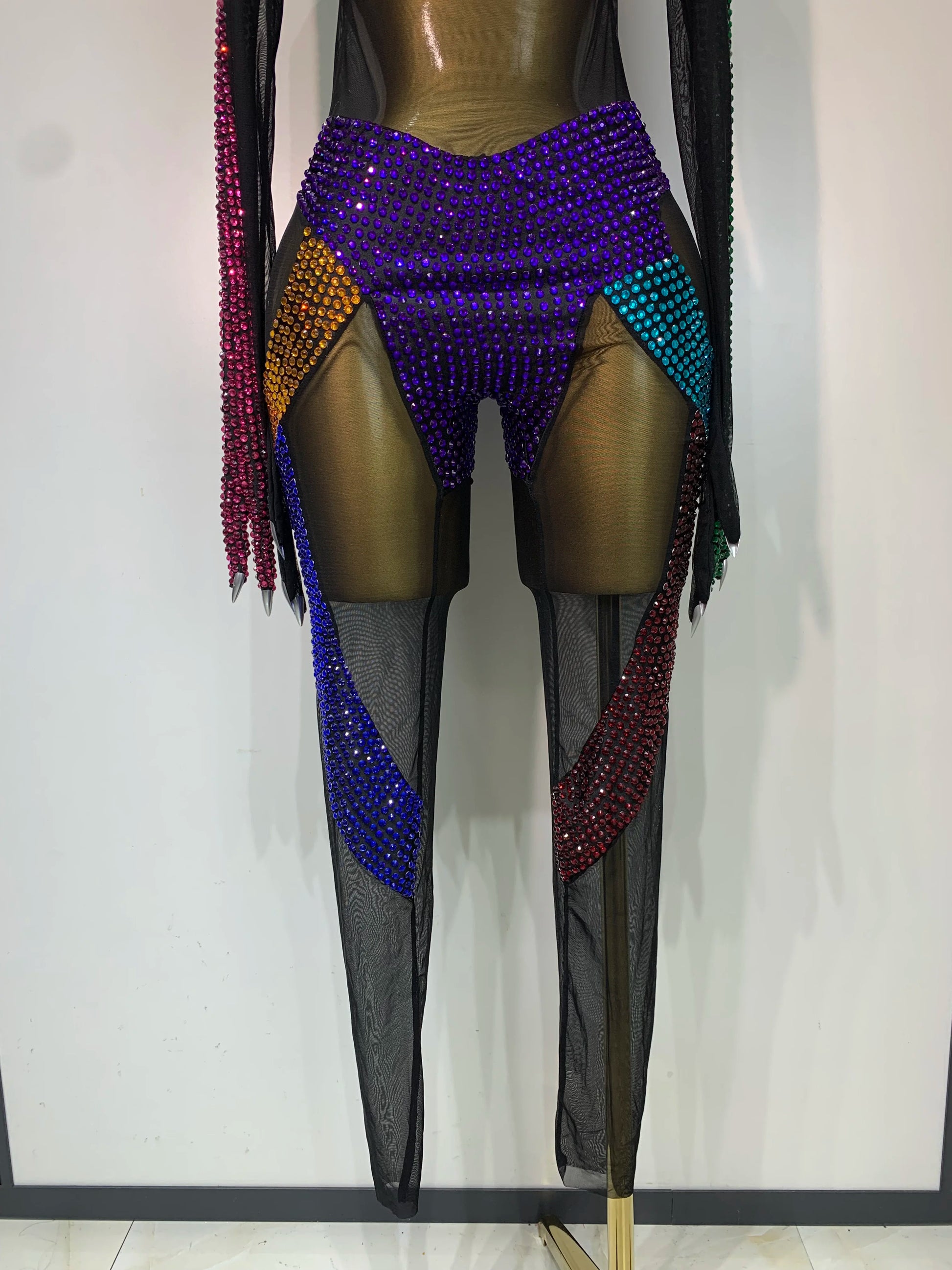 Sparkly Rhinestones Jumpsuit for Women Sexy Mesh Transparent Nightclub Outfit Luxury Birthday Party Stage Performance Costume