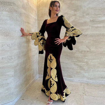 Elegant Arabic Mermaid Velvet Evening Dresses Square Collar Long Cape Sleeves Appliques Prom Gowns Algerian Outfits Blue
