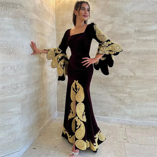 Elegant Arabic Mermaid Velvet Evening Dresses Square Collar Long Cape Sleeves Appliques Prom Gowns Algerian Outfits Blue