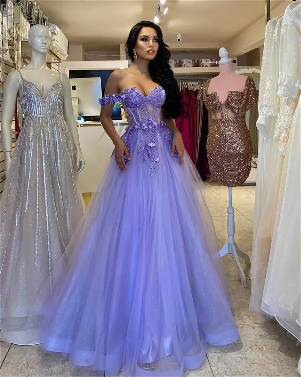 Princess Off Shoulder A-line Prom Dress Sweetheart Tulle Vestidos De Noche Lavender 3D Flower