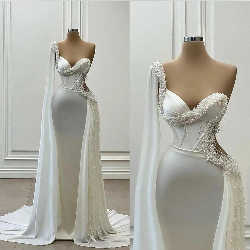 Luxury Wedding Dress Sweetheart Neck With Pearls Beads Sequins Custom Lace-Up Or Zipper Satin Mermaid Bridal Gowns Evening Dress
