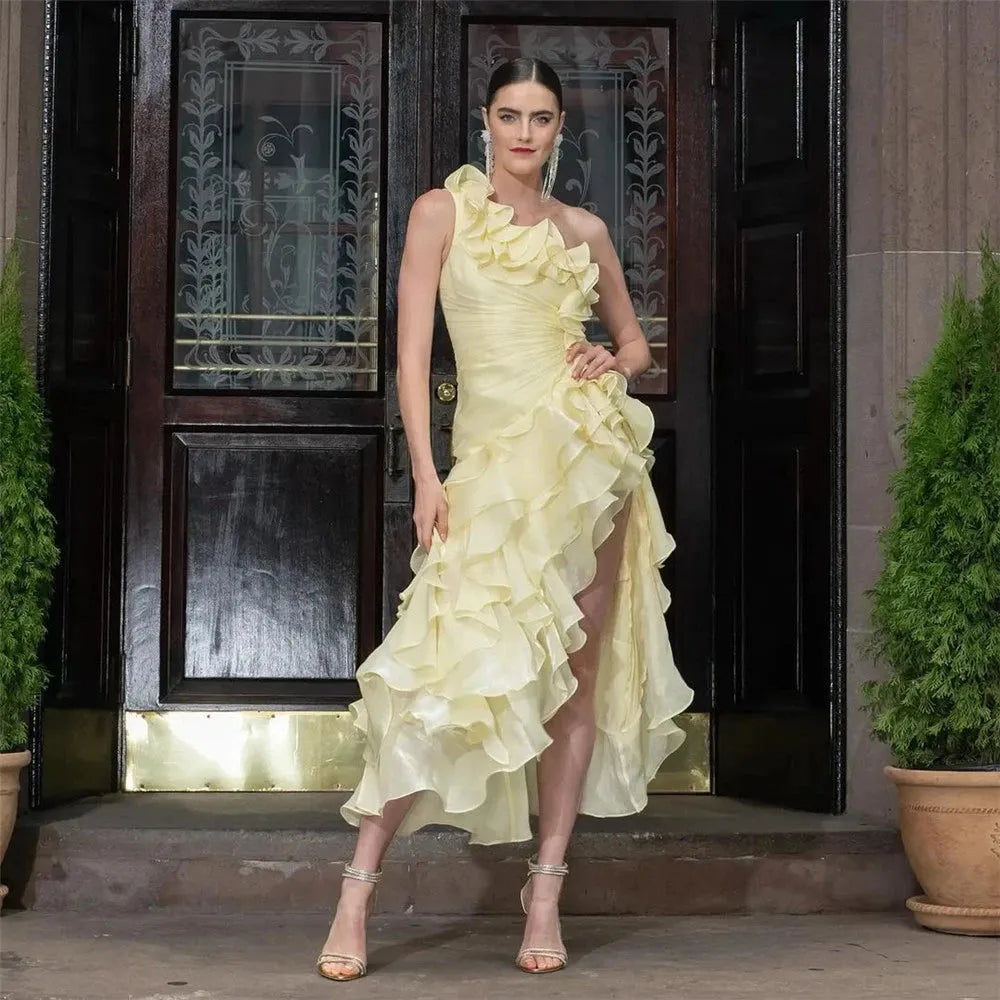 Princess Yellow Chiffon Prom Dress A-Line One Shoulder Ruffles Formal
