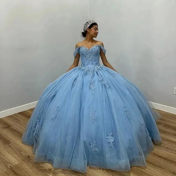 Luxury Glittering Blue Quinceanera Dresses Beading Appliques Ball Gown Vestidos De 15 Anos Formal Prom Party Blue