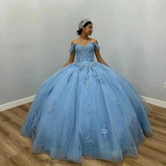 Luxury Glittering Blue Quinceanera Dresses Beading Appliques Ball Gown Vestidos De 15 Anos Formal Prom Party Blue