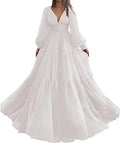 Long Puff Sleeves Prom Dresses V-Neck Pleats Chiffon Princess Evening Gowns Women Party Dress Plus Size Ivory
