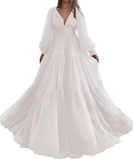 Long Puff Sleeves Prom Dresses V-Neck Pleats Chiffon Princess Evening Gowns Women Party Dress Plus Size Ivory