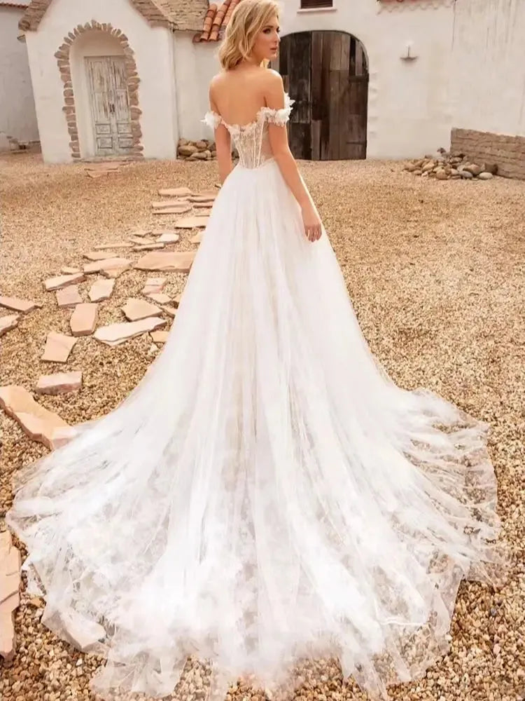 Real Photos Off Shoulder A-line 3D Flowers Lace Wedding Dress With Sequined Appliques Bride Gown For Women Custom Made
