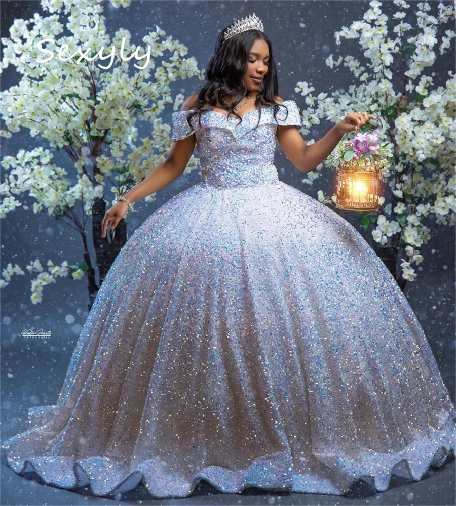 Sparkle Sequin Quinceanera Dresses Puffy Ball Gown Shine Black Girls P