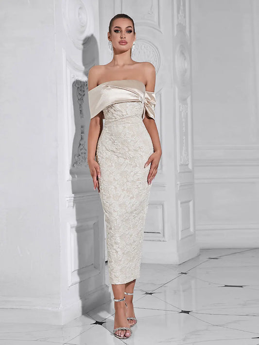 2024 Sexy Women Light Luxury Embossed Design Dress with One Collar Shoulder Bodycon Bareback Patchwork Midi Dress Party Vestidos