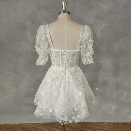 Puff Sleeves Square-Neck Applique Tulle Mini Wedding Dress For Women A-Line Zipper Back Short Above Knee Custom Made