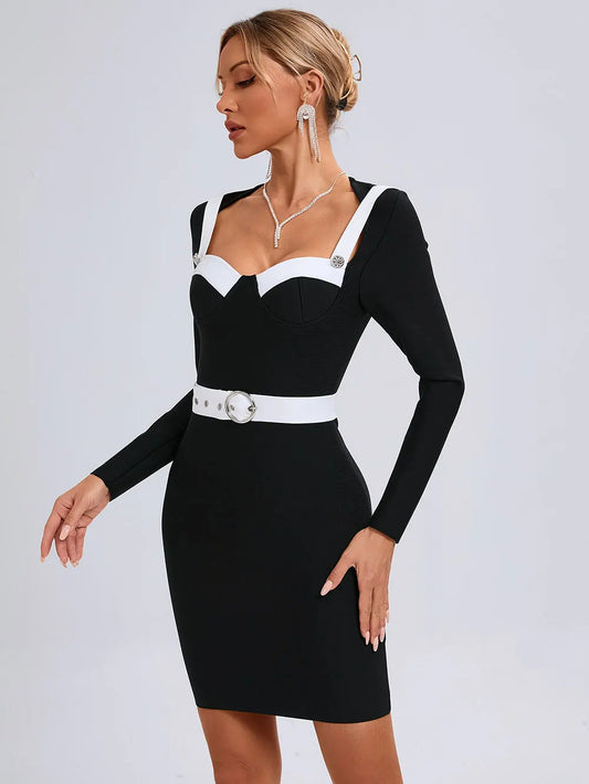2024 Elegant Women'S Patchwork Bandage Dress Strapless Long Sleeved Bodycon Belt Design Mini Dress Cocktail Party Vestidos