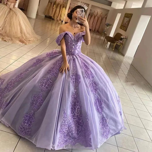 Lavender Off-Shoulder Quinceanera Dresses Vestidos De 15 Anos Beading Crystal Cinderella 16 Princess Gowns Corset Lavender