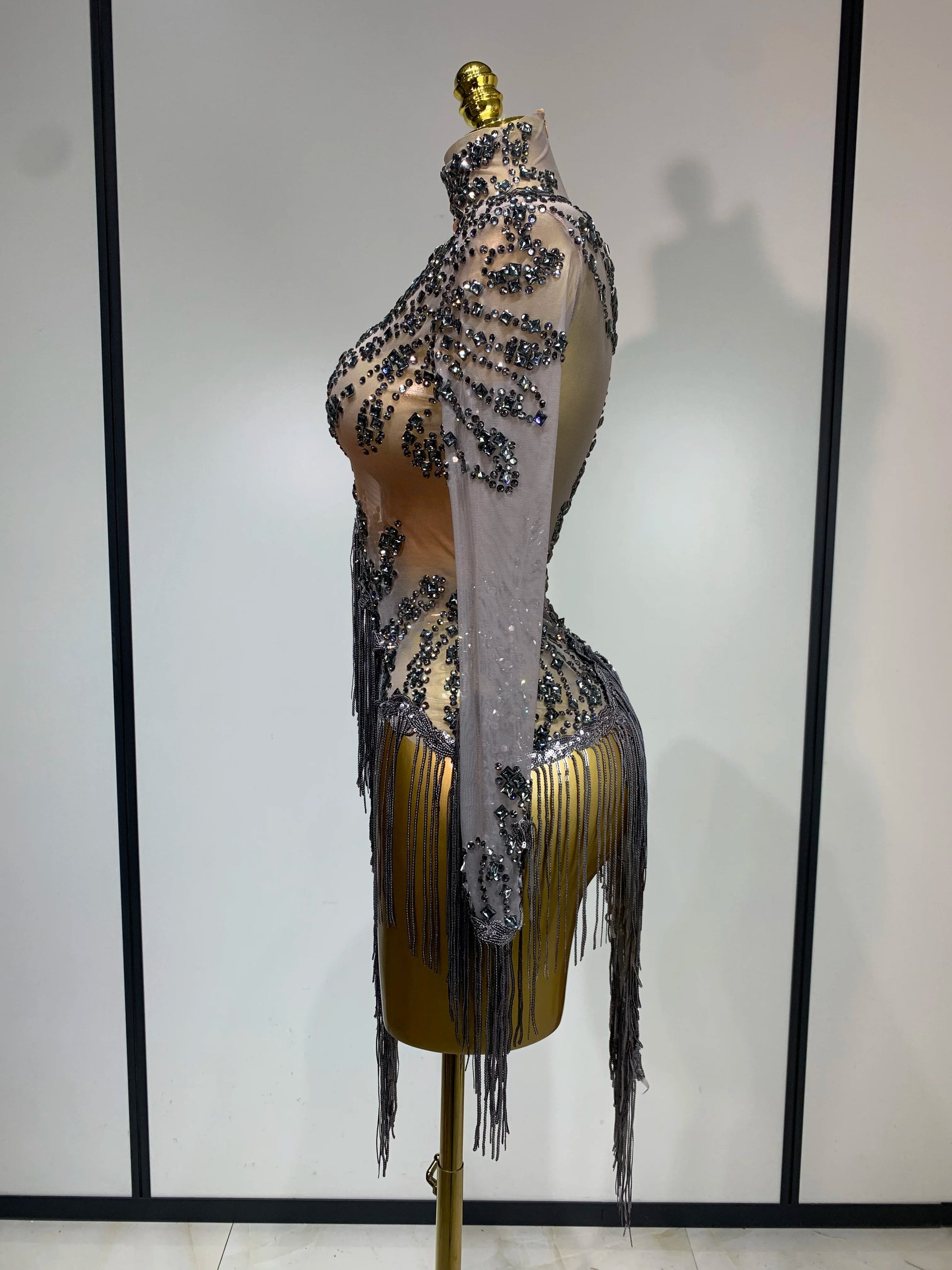 Women Sexy Long Sleeve Diamond Tassel Dress Nightclub Performance Stage Costume Celebrity Evening Party Luxury Birthday Dress