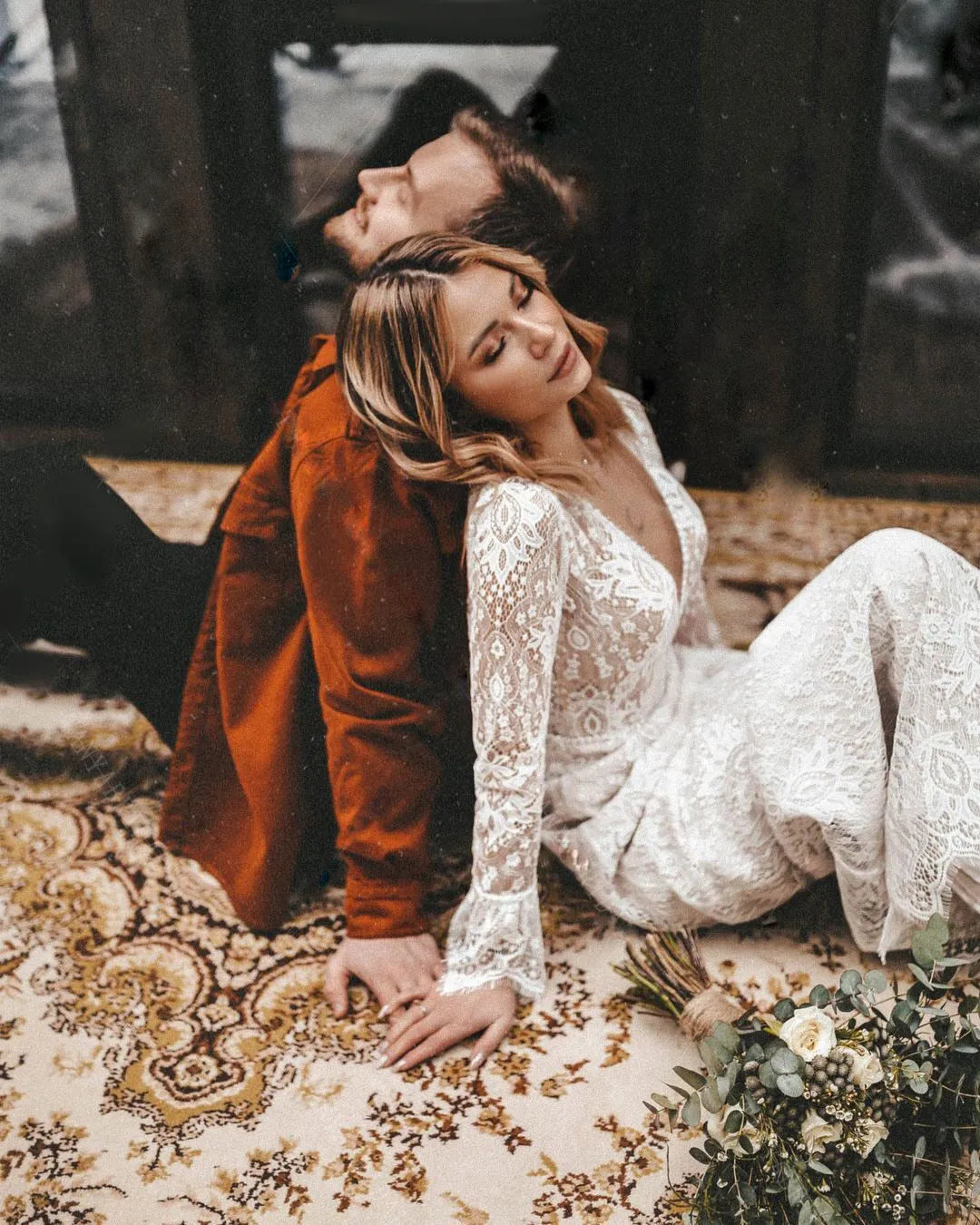 Long Sleeves Floral Lace V Neck Boho Wedding Dress Deep V Neck Open Back Modest Rustic Civil Bridal Gown