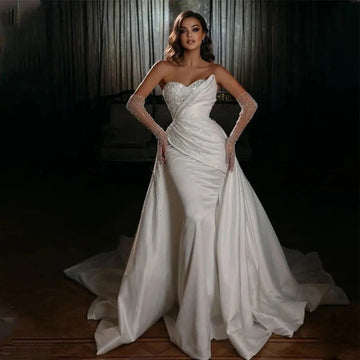 Sparkling Simple Off Shoulder Lace Mermaid Sleeveless Wedding Dresses Luxurious Sexy Sweetheart Floor Length Bridal Gown White