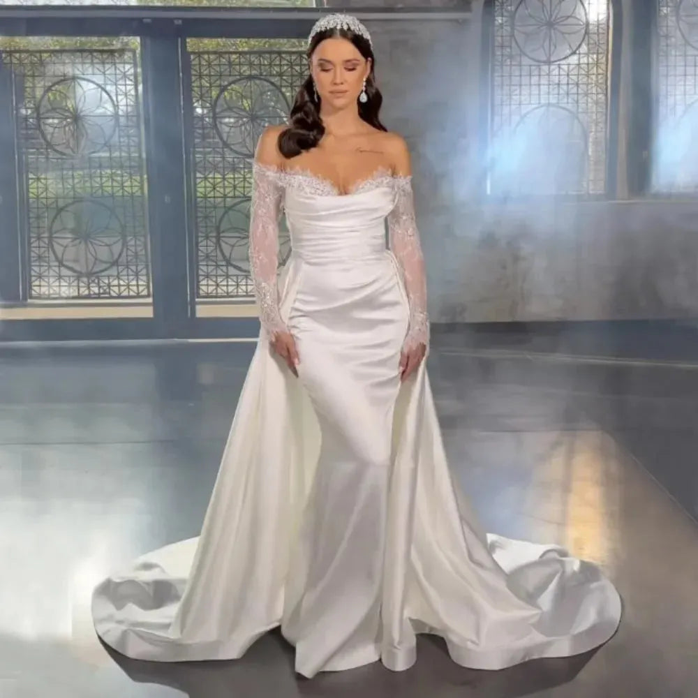 Impresionante vestido de novia de sirena con cola desmontable, vestido