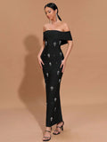 2025 Sexy Women's Light Luxury Diamond Set Bandage Dress with One Collar Shoulder Bodycon Bareback Long Dress Club Party Vestido