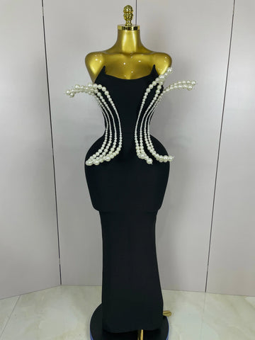 Sexy Strapless Pearl Beading Bodycon Long Bandage Dress Women Fashion Elegant Evening Party Luxury Birthday Dresses black