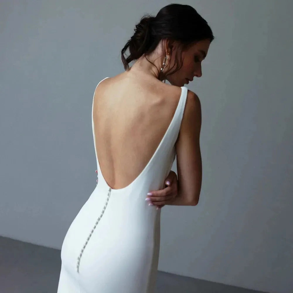 Crepe Sleeveless Simple Mermaid Wedding Dress Bride Open Beach Bride Gown Backless ButtonWomen Customize Measure Stunning