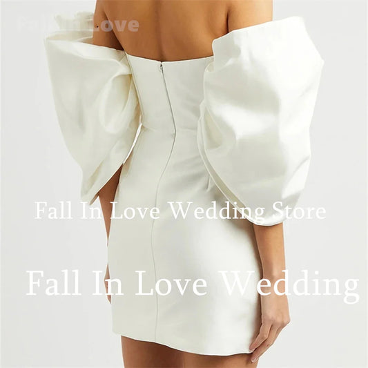 Fall In Love Sexy Short Wedding Dress Sheath Satin Mini Bridal Gown Off-Shoulder Short Sleeves Vestidos De Novia Party Dress