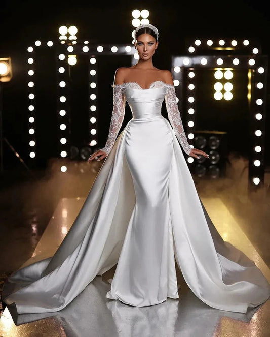 Fall In Love Dress Custom Wedding Dress For Women Off-Shoulder Lace Appliques Long Sleeves Mermaid Satin Bridal Gown As Picture