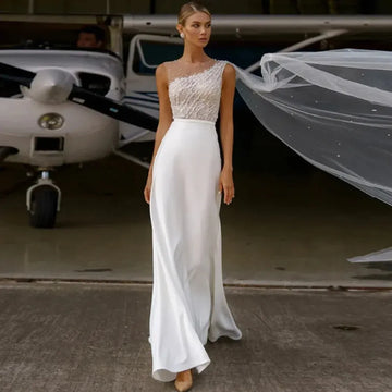 Luxury Long Beaded Wedding Dresses Jewel Neck Spandex Sleeveless Mermaid Floor Length Custom Made Party Gowns Vestidos De Novia Champagne