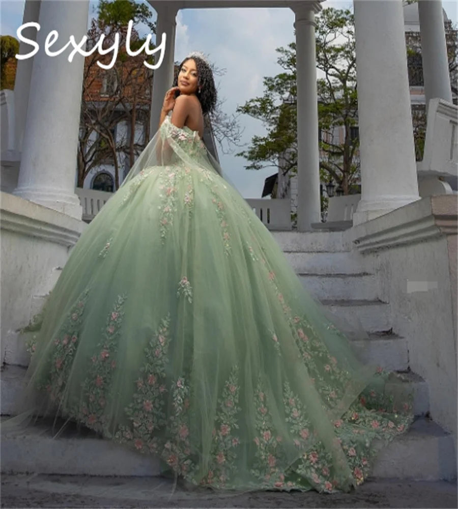 Mint Green Floral Vestidos De 15 Quinceañera Dress Cape Sleeve Corset Vestido De 15 Años Charro Xv Debutante Birthday Customized