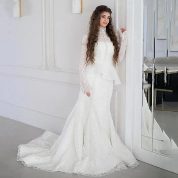 Elegant Mermaid Wedding Dresses High Neck Long Sleeves Appliques Bridal Dress Formal Wedding Ball Prom Gowns Customized