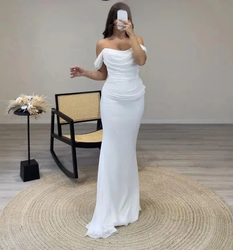 Arabic Evening Dresses for Wedding Party Off the Shoulder White Pleats Chiffon Mermaid Formal Celebrity Prom Gowns
