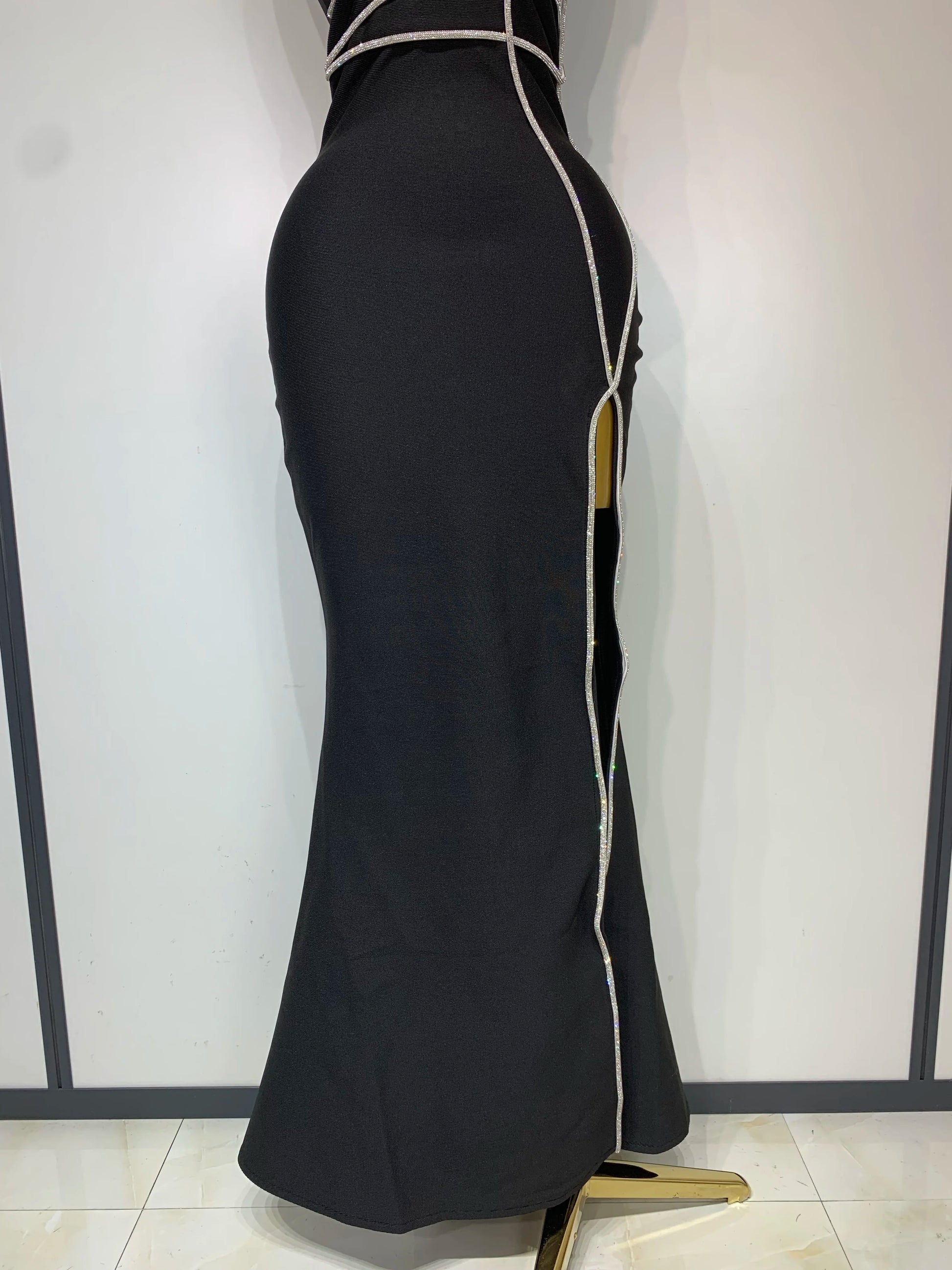 New Women Sexy Beading Black Maxi Long Bandage Dress Luxury Birthday Dresses Evening Club Party Knitted Bodycon Clothing