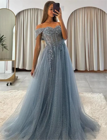 Off the Shoulder Prom Dresses Lace Appliques A-line Wedding Dress Elegant Sleeveless Floor-Length Vestidos De Fiesta Blue
