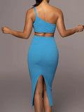 2025 Sexy Women's Blue Bandage Dress One Shoulder Sleeveless Bodycon Backless and Knee Dress Cocktail Evening Party Vestidos