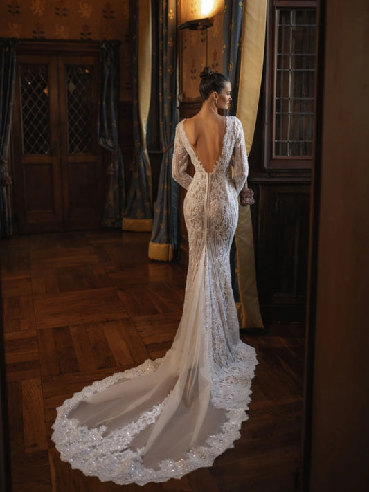 Sexy See Through Weeding Dress Shiny Deep V-neck Bride Robe Appliques Lace Floor-length Bridal Dresses Vestidos De Novia