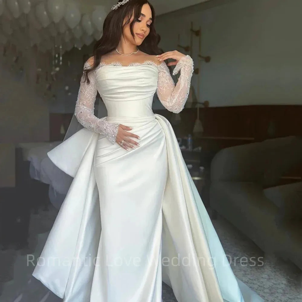 White Mermaid Wedding Dresses Formal Off The Shoulder Long Sleeve Bridal Dress Boho Beach Wedding Prom Gown Custom Size Black