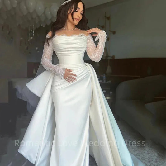 White Mermaid Wedding Dresses Formal Off The Shoulder Long Sleeve Bridal Dress Boho Beach Wedding Prom Gown Custom Size Black