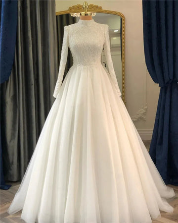 Luxury Bespoke Wedding Dress High Neck A Line Beads Bodice Long Sleeves Muslim Bridal Gowns For Bride Robe De Mariée Ivory